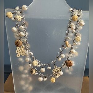 Vintage Asian lariat necklace freshwater pearl, carved and enamel beads